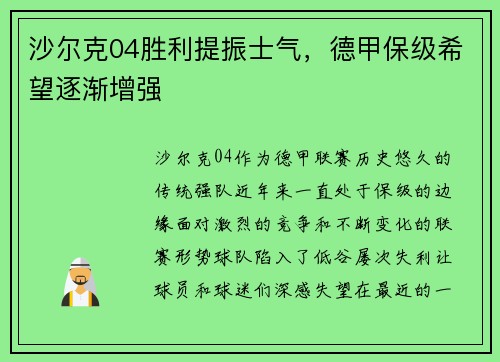 沙尔克04胜利提振士气，德甲保级希望逐渐增强