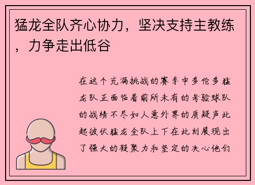 猛龙全队齐心协力，坚决支持主教练，力争走出低谷